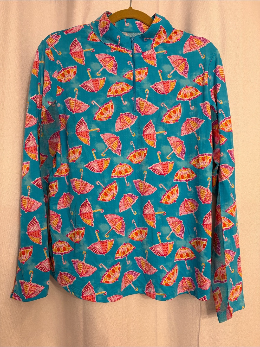 IBKUL Turquoise Long Sleeve Zip Mock Tee with Pink & Orange Umbrella Print